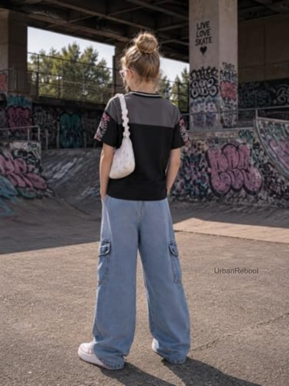 Girls 2 Piece Outfit V Neck Graphic Tee and Wide Leg Denim Jeans Set - Picture 6 of 6